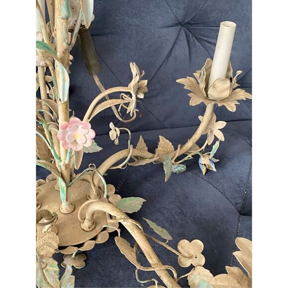 Pastel Pink, Blue and Mint Shabby Chic Florence Style Chandelier, 1960s Wrought - Picture 6 of 14